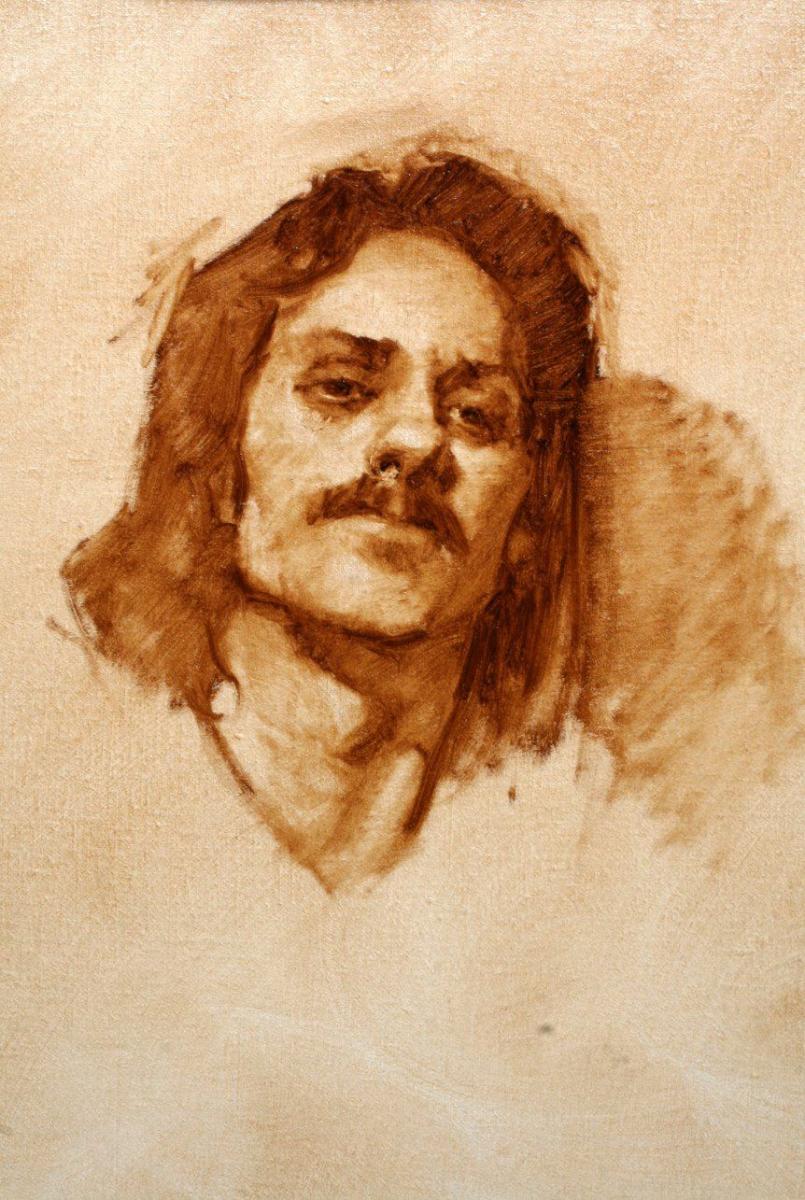 This is a close up of the first photo and shows some of the brushwork. I used a rag and q-tips to remove paint and blend the strokes. I was interested in this particular pose for the tilt of his head and the unique angle. Of course the suspicious and wary appearance on his face was an important part of the concept that I wanted to emphasize with this piece of work.