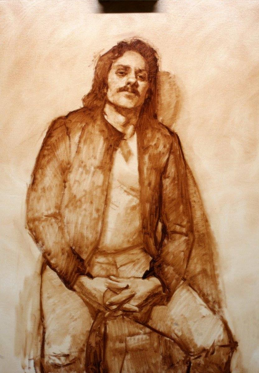 I continue to sketch out the body, adding some dark to the jacket. The hands are layed in carefully and I've indicated a bandana that he is holding. The foreshortening of the legs and his hips don't quite look right, so I continue working on these. The paint is still wet and flexible so I can still make changes easily.