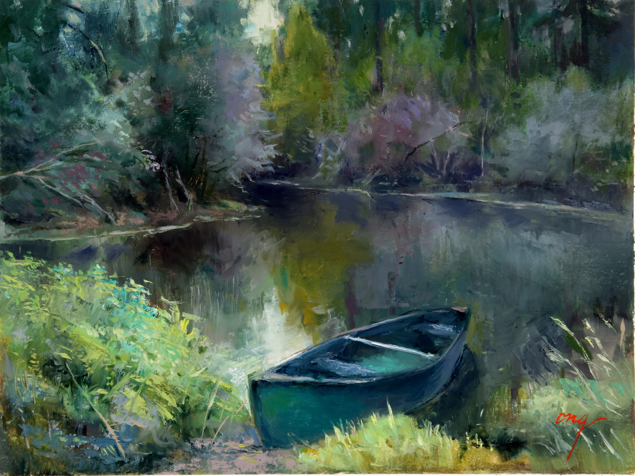 "Canoe and Pond" Oil/Board